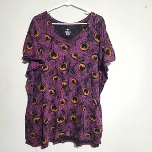Mossimo Womens Purple Tee Size 2X Knit Shirt‎ Feathers Black Gold V Neck Plus